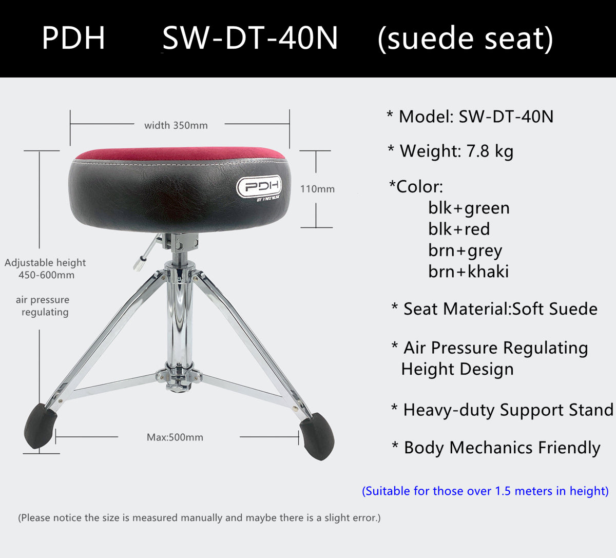 PDH Hydraulic Drum Throne – Black & Green | Adjustable Suede Seat for Drummers