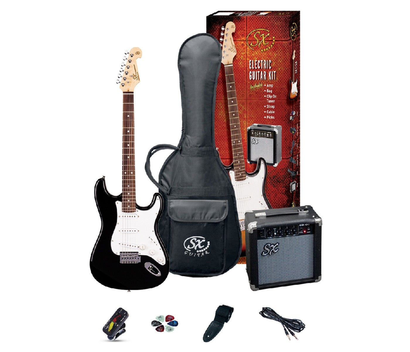 SX Stratocaster Electric Guitar Package - Black