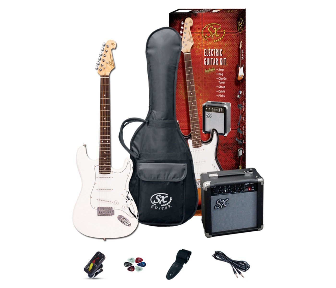 SX Stratocaster Electric Guitar Package - White