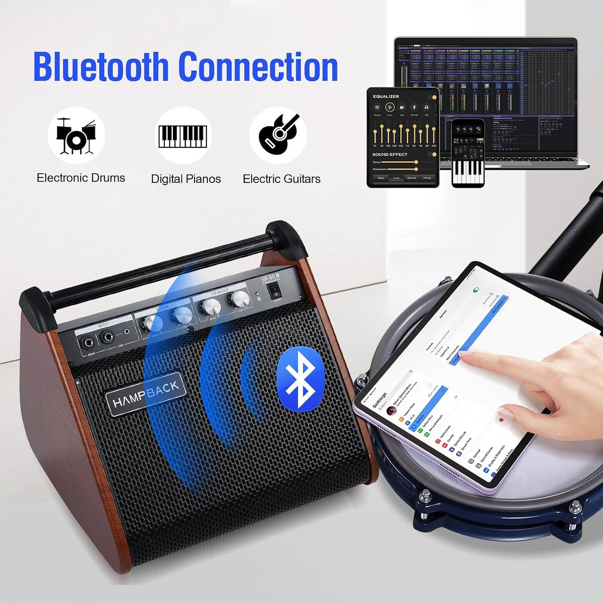 HAMPACK portable Bluetooth speaker with wood-grain sides and a black front grille, shown connected to a tablet on a drum kit with a hand touching the screen. The image includes 'Bluetooth Connection' text, icons for electronic drums, digital pianos, and electric guitars, and a small inset showing a laptop, tablet, and phone with audio software.