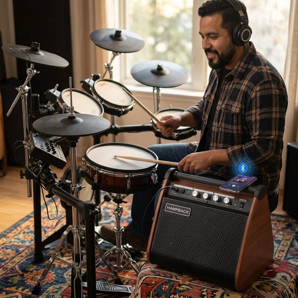 A man sits behind a drum kit in a room, playing with drumsticks while wearing headphones and using a smartphone connected to a HAMPBACK SK-50 portable speaker on a bench.
