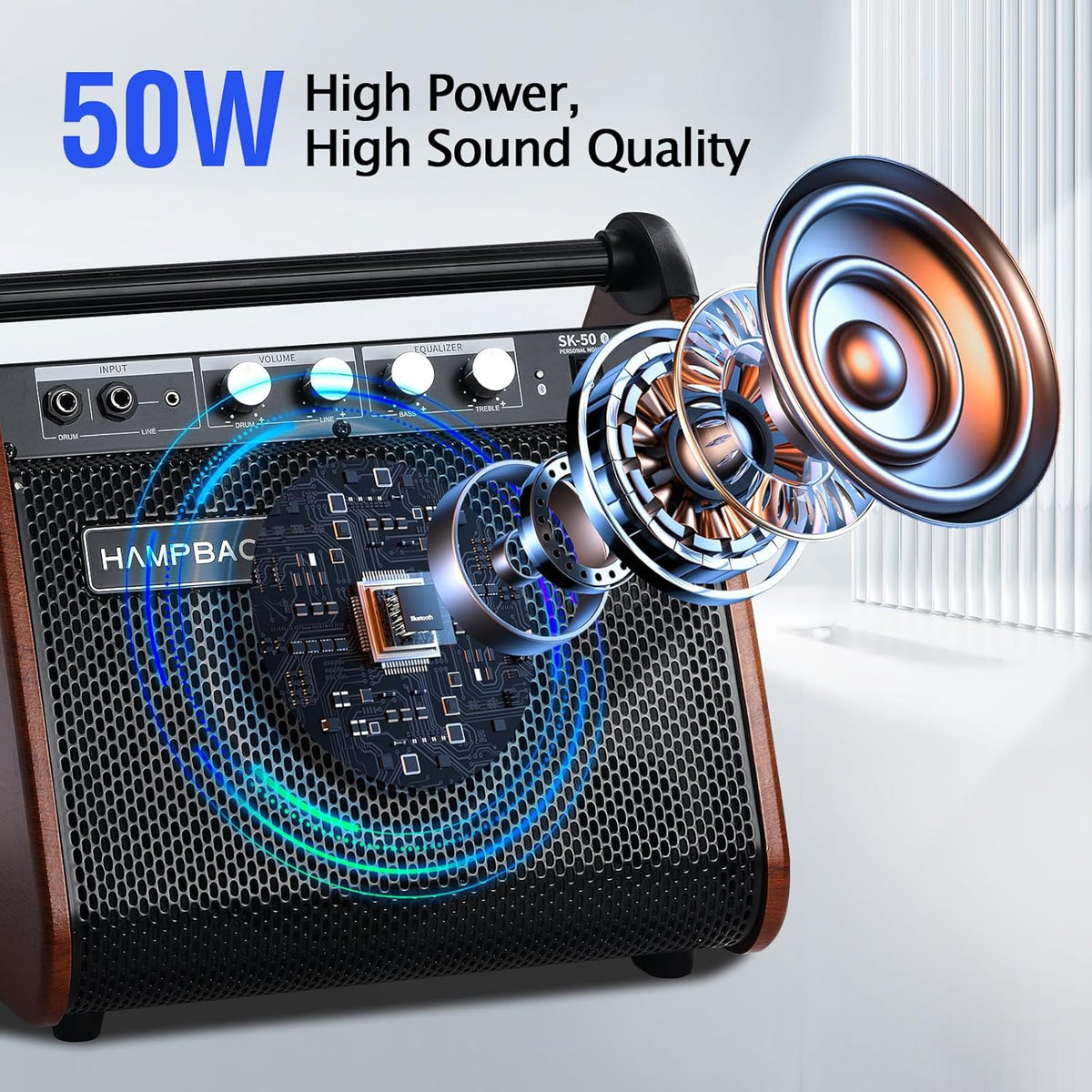 A portable HAMPBACK 50W Bluetooth speaker with a wood-grain finish and black mesh grille, shown with graphic overlays illustrating sound waves and a detailed close-up of the speaker driver. Text on the image reads '50W High Power, High Sound Quality'.