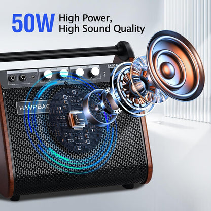 A portable HAMPBACK 50W Bluetooth speaker with a wood-grain finish and black mesh grille, shown with graphic overlays illustrating sound waves and a detailed close-up of the speaker driver. Text on the image reads '50W High Power, High Sound Quality'.