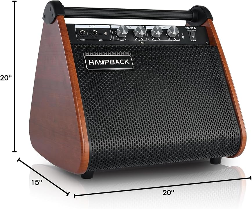 A HAMPBACK portable speaker with a wood-grain finish and black mesh grille, shown with dimension lines indicating 20 inches in height, 15 inches in width, and 20 inches in depth.