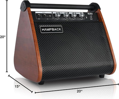 A HAMPBACK portable speaker with a wood-grain finish and black mesh grille, shown with dimension lines indicating 20 inches in height, 15 inches in width, and 20 inches in depth.